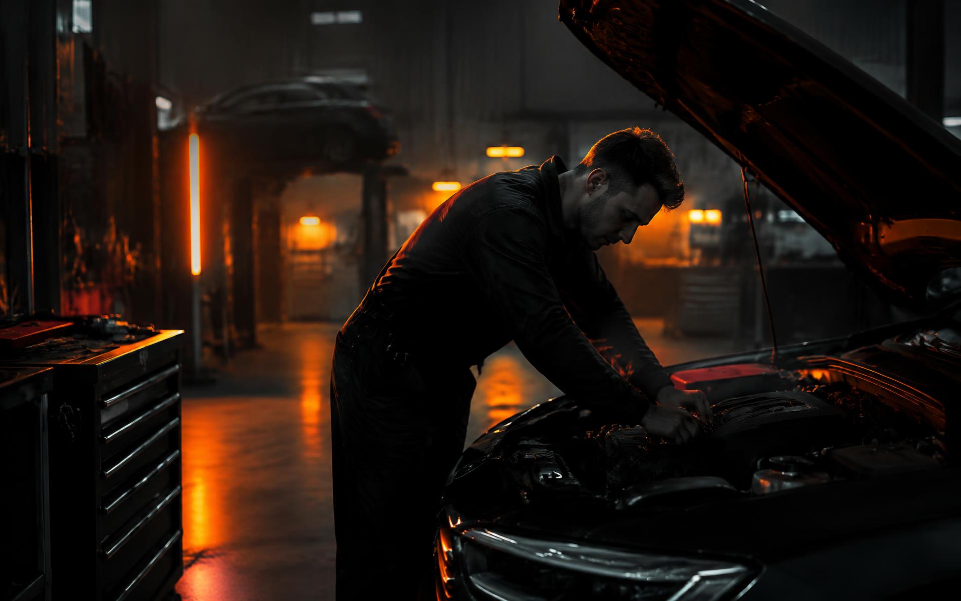 Mecánico trabajando en el motor de un carro en el taller